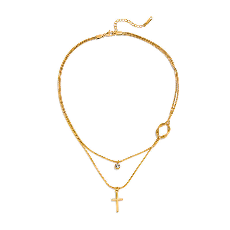 Cross White Stone Pendant Layered Necklace