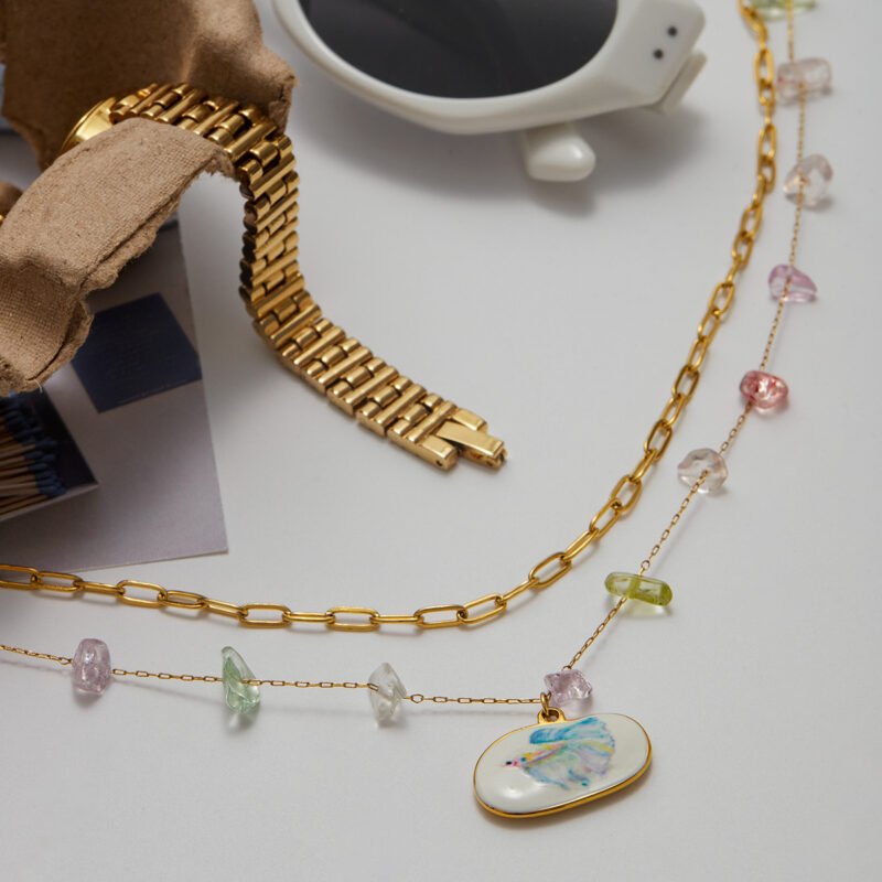 Layered Colorful Gemstone Oval Pendant Necklace - Image 4