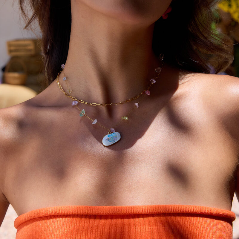 Layered Colorful Gemstone Oval Pendant Necklace - Image 3