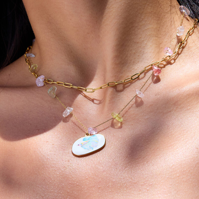 Layered Colorful Gemstone Oval Pendant Necklace - Image 2