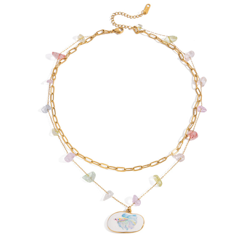 Layered Colorful Gemstone Oval Pendant Necklace