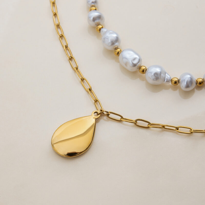 Layered Pearl Pendant Necklace with Enamel Mushroom - Image 4