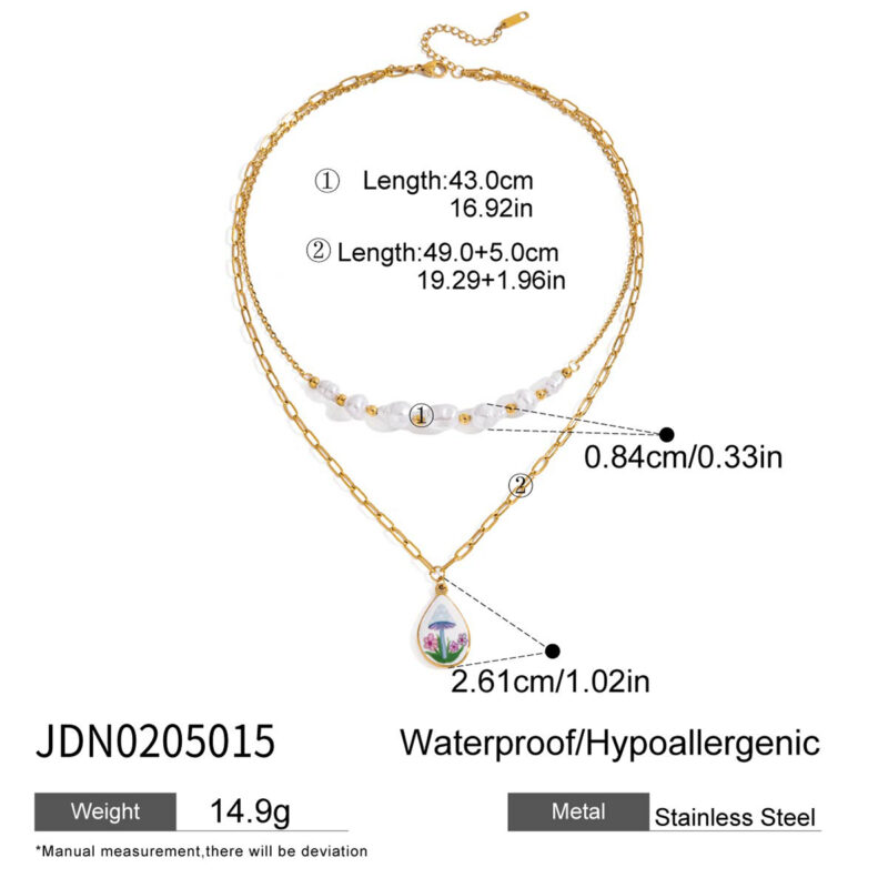 Layered Pearl Pendant Necklace with Enamel Mushroom - Image 5