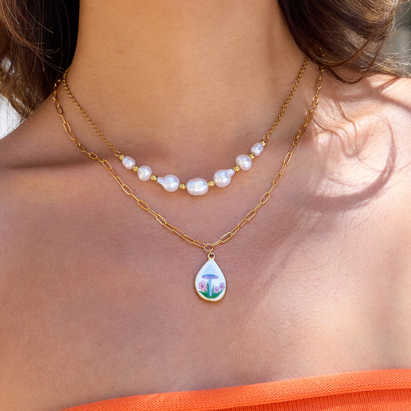 Layered Pearl Pendant Necklace with Enamel Mushroom - Image 2