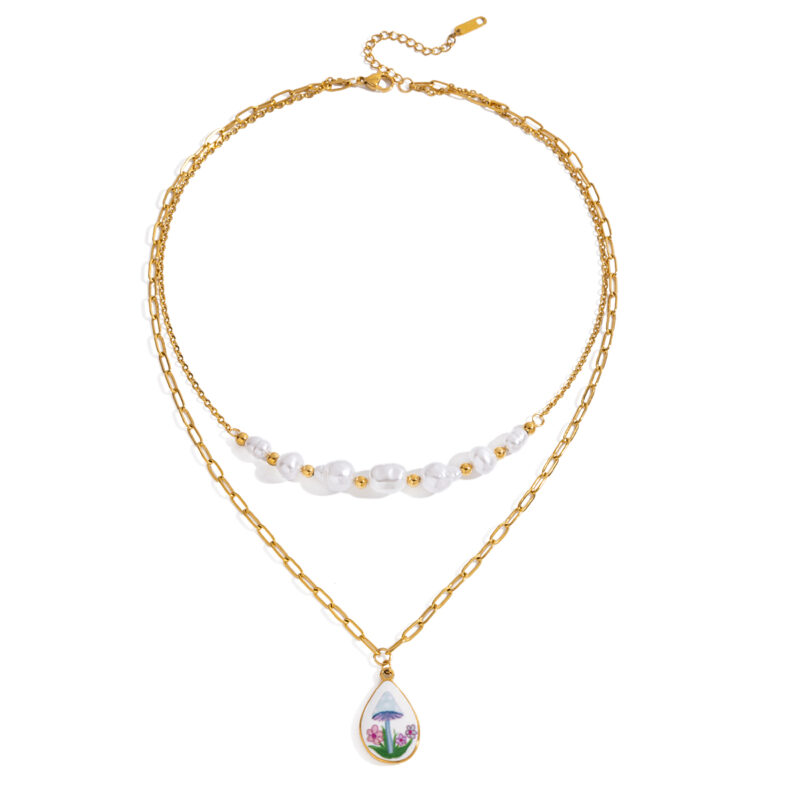 Layered Pearl Pendant Necklace with Enamel Mushroom