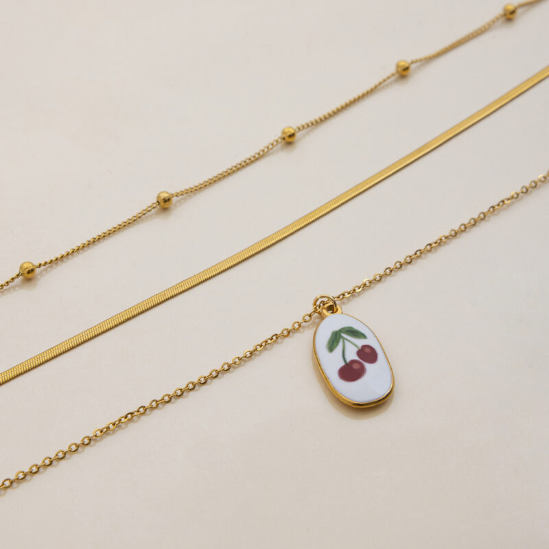 Multilayer Cherry Pendant Necklace with Enamel Beads - Image 3