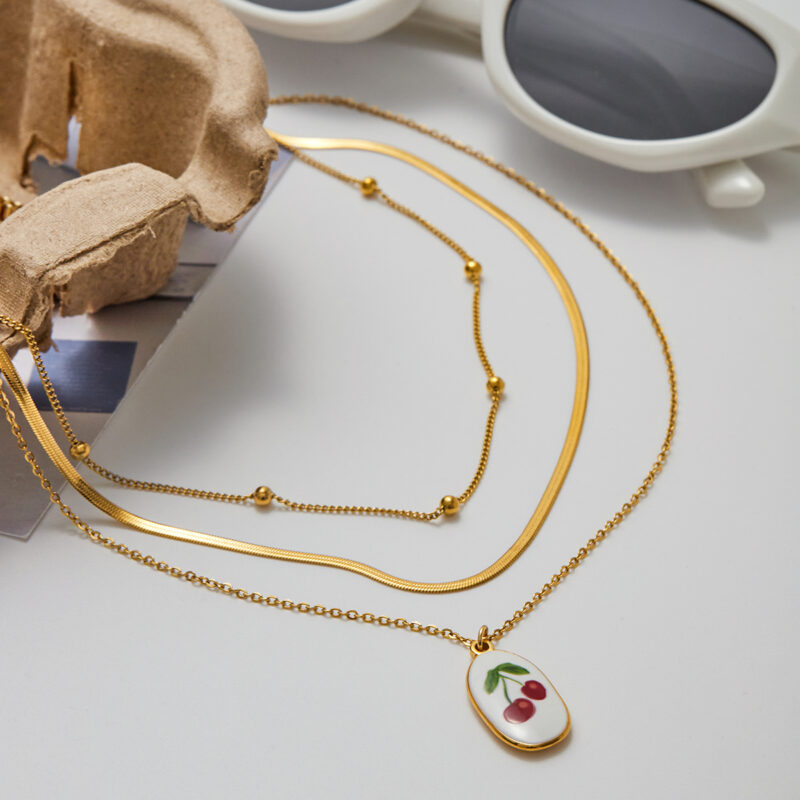 Multilayer Cherry Pendant Necklace with Enamel Beads - Image 2