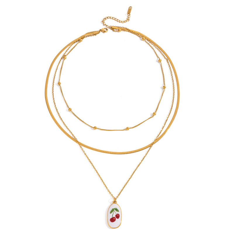 Multilayer Cherry Pendant Necklace with Enamel Beads