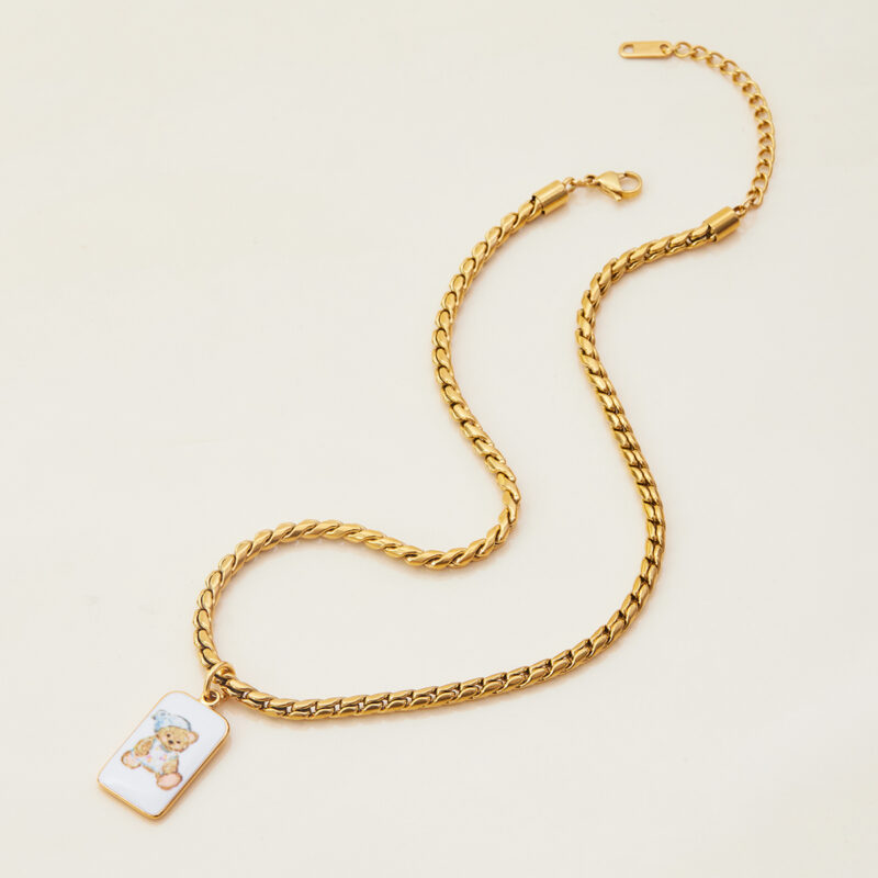 Bear Pendant Necklace with Enamel Teardrop Chain - Image 4