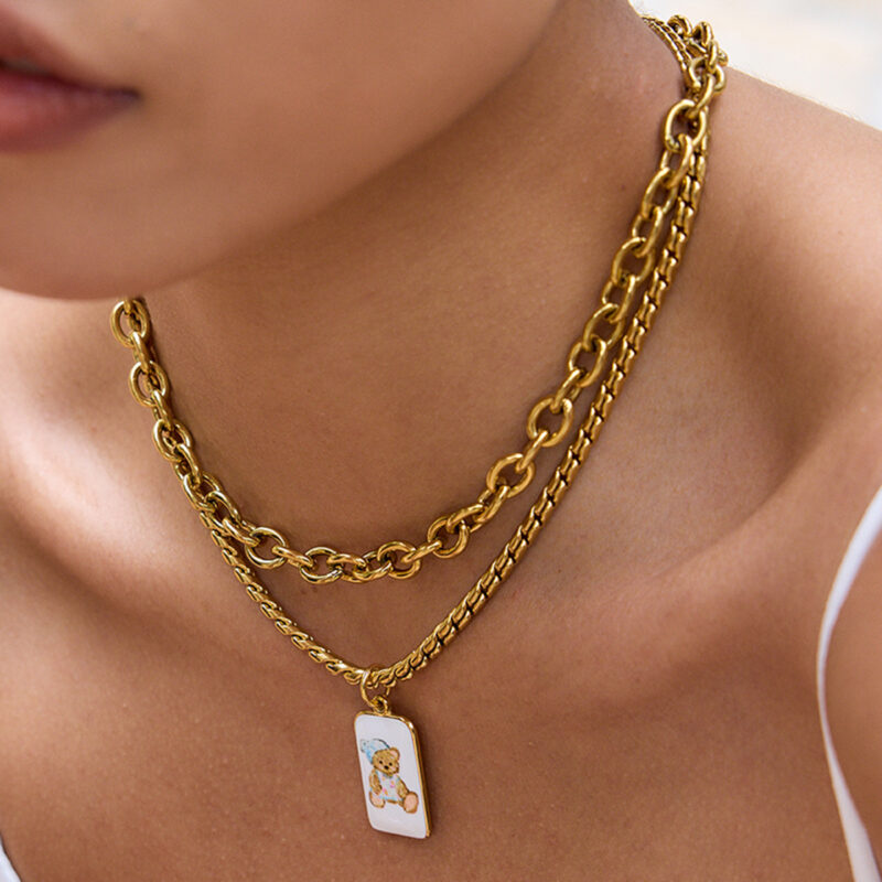Bear Pendant Necklace with Enamel Teardrop Chain - Image 3