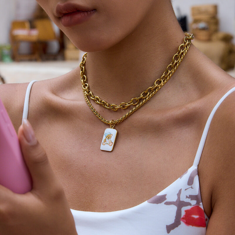 Bear Pendant Necklace with Enamel Teardrop Chain - Image 2