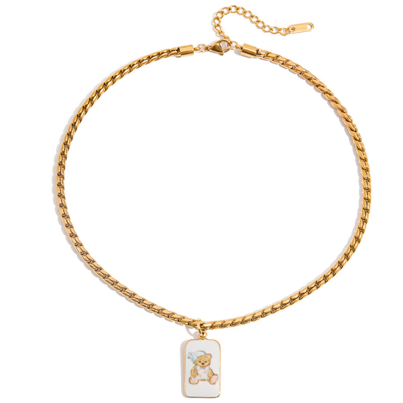 Bear Pendant Necklace with Enamel Teardrop Chain