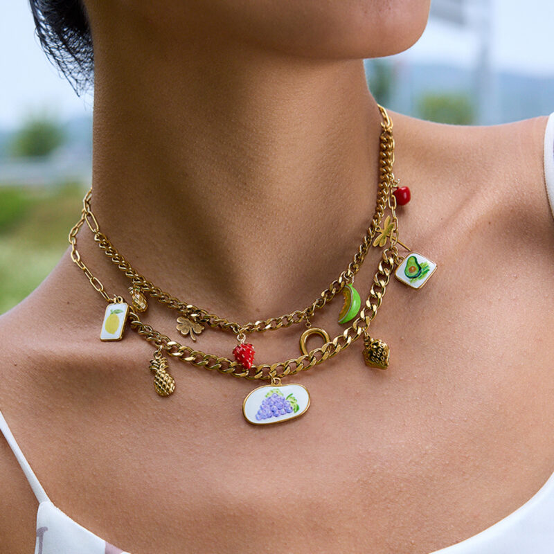 Fruit Charm Pendant Necklace with Enamel Accents - Image 3
