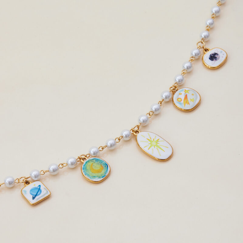 Pearl Link Necklace with Enamel Charm Pendant - Image 4