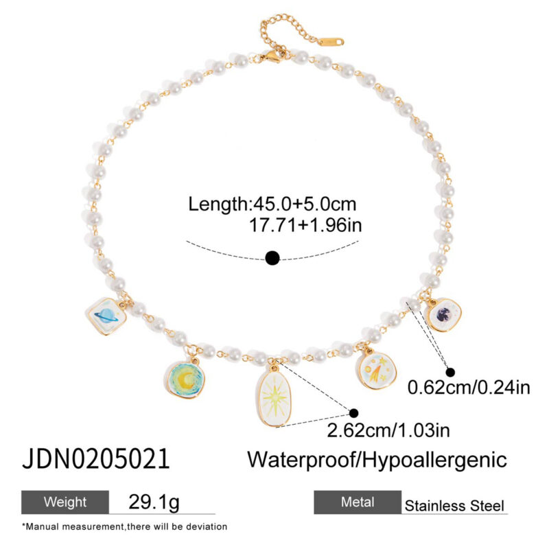Pearl Link Necklace with Enamel Charm Pendant - Image 5