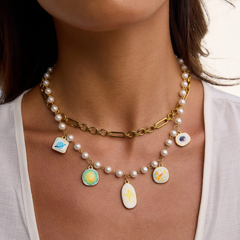 Pearl Link Necklace with Enamel Charm Pendant - Image 3