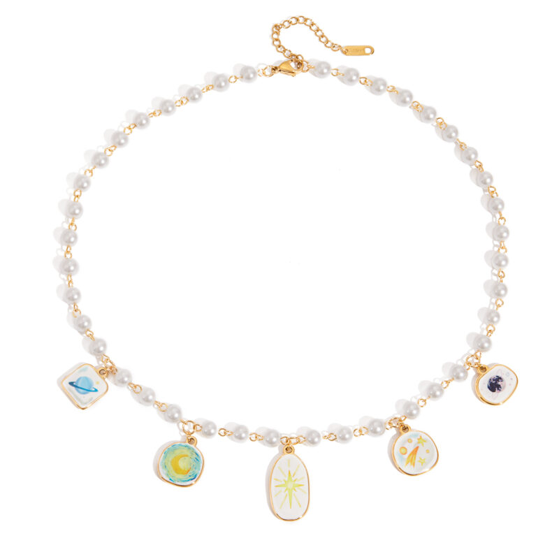 Pearl Link Necklace with Enamel Charm Pendant