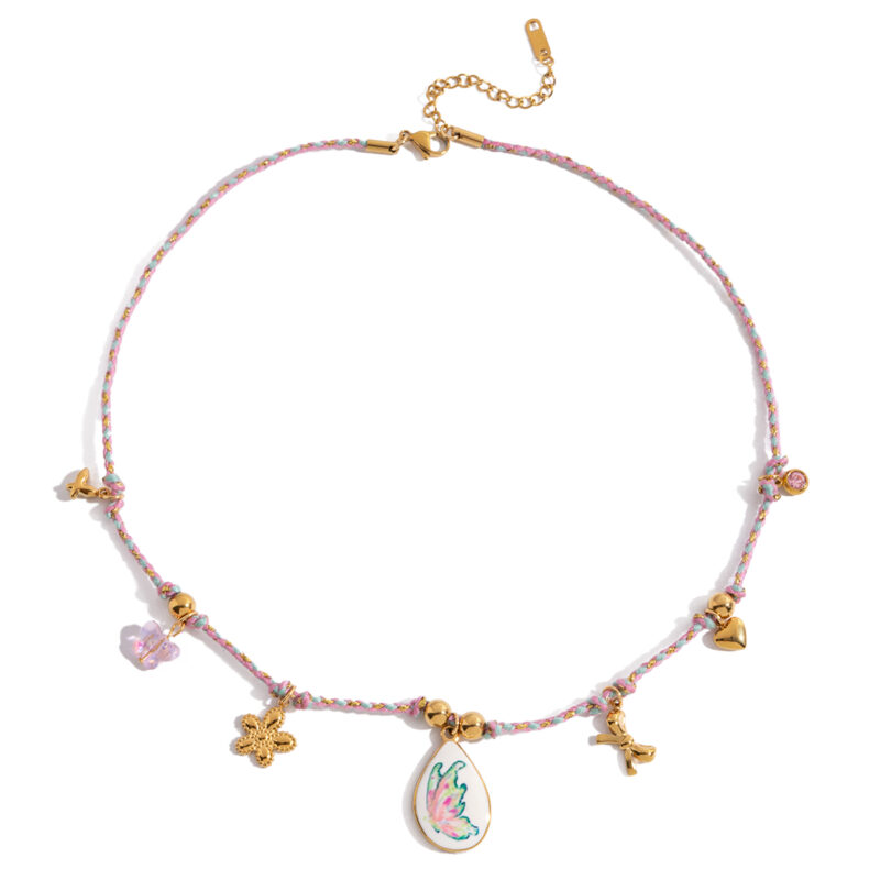 Butterfly Pendant Necklace with Pink Ceramic Accents