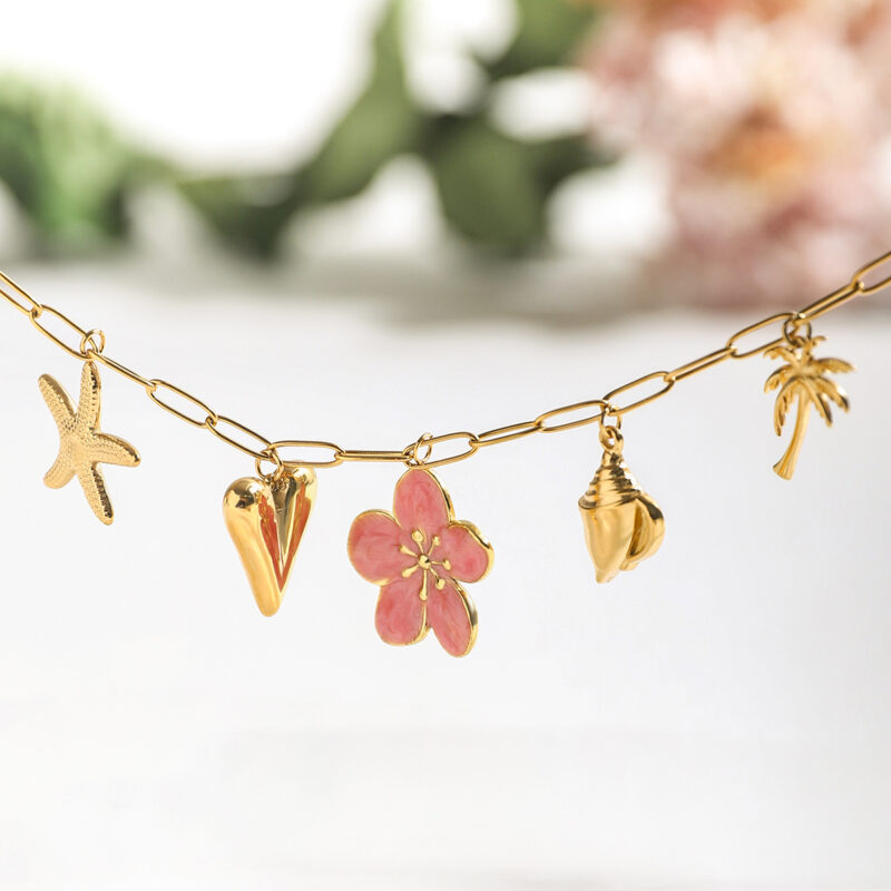 Pink Enamel Tropical Charm Necklace, 18K Steel - Image 5