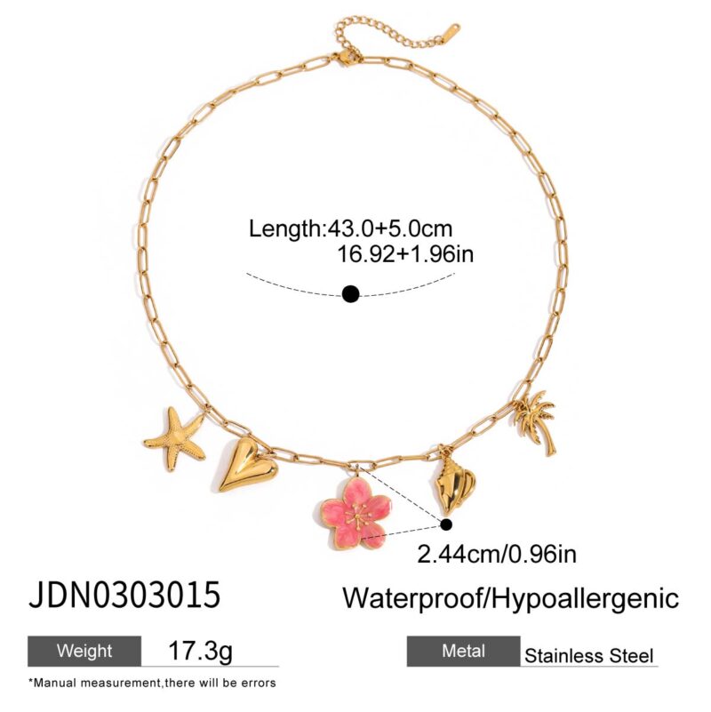 Pink Enamel Tropical Charm Necklace, 18K Steel - Image 6