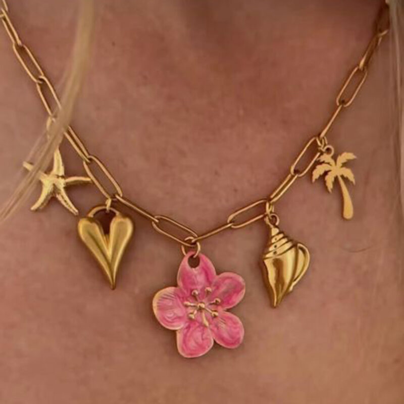 Pink Enamel Tropical Charm Necklace, 18K Steel - Image 4