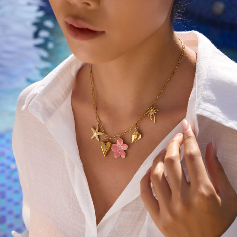 Pink Enamel Tropical Charm Necklace, 18K Steel - Image 3