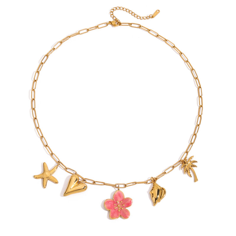 Pink Enamel Tropical Charm Necklace, 18K Steel