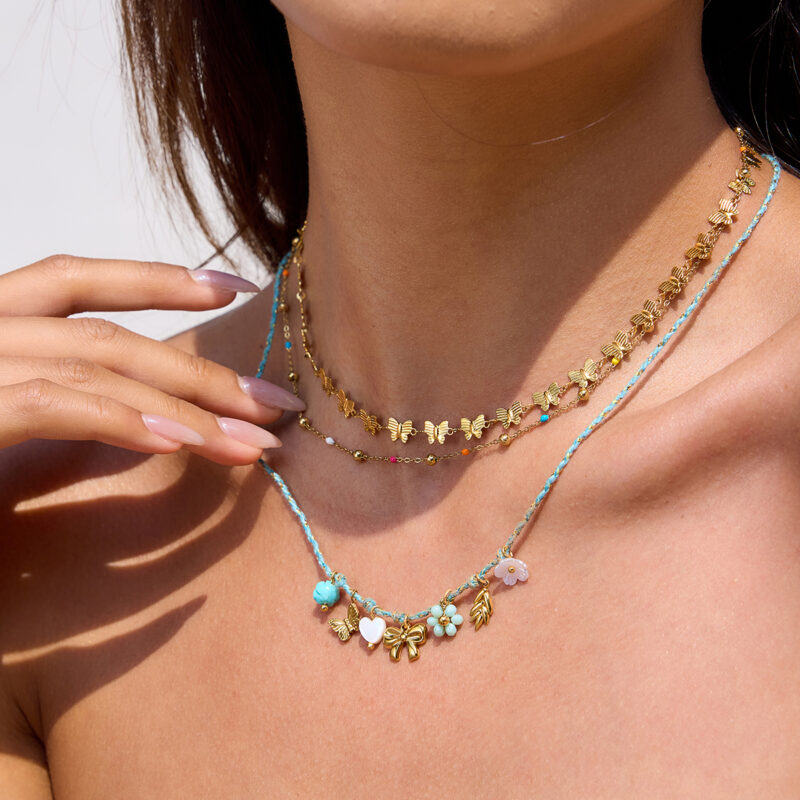 Crystal Butterfly Flower Shell Pendant Necklace - Image 2