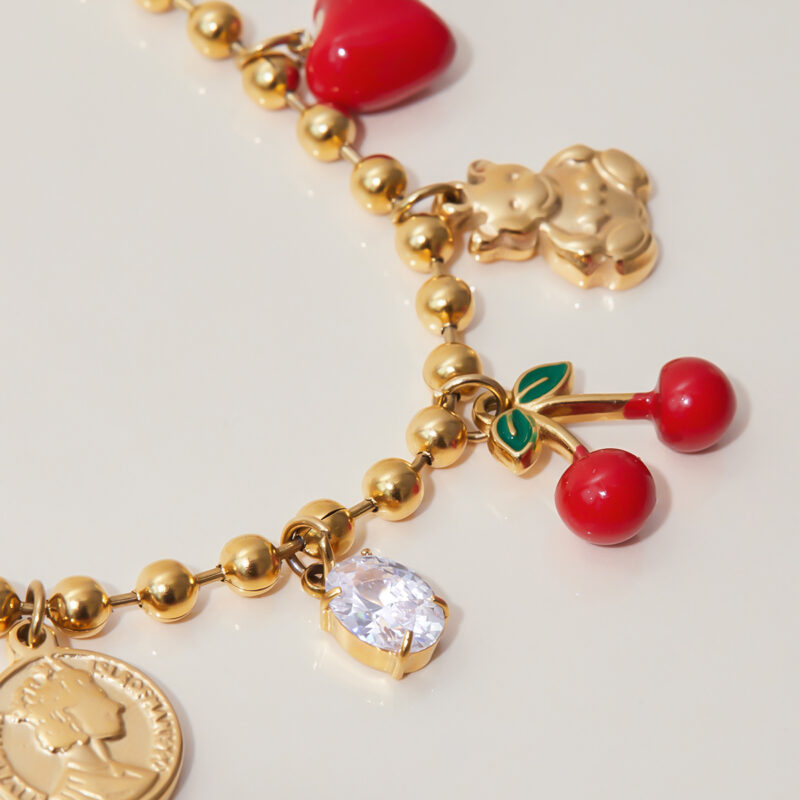 Red Cherry Heart Coin Bear Pendant Necklace - Image 5