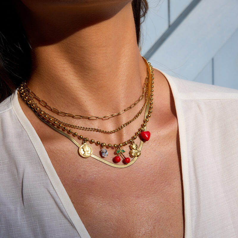 Red Cherry Heart Coin Bear Pendant Necklace - Image 2