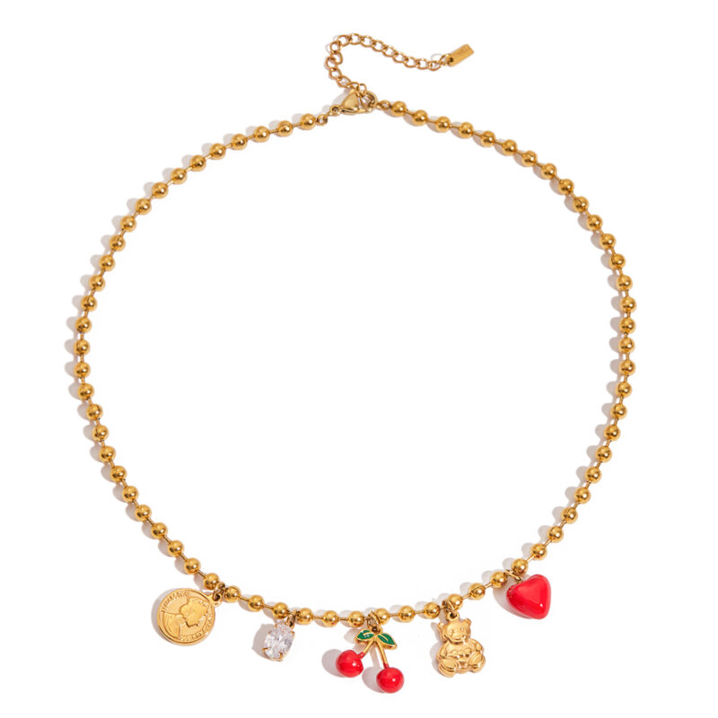 Red Cherry Heart Coin Bear Pendant Necklace