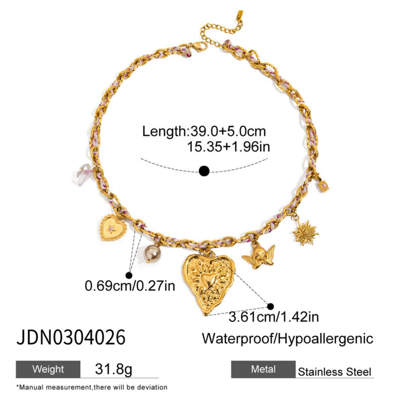Pink Rope Necklace with Angel Star Pearl Charms - Image 4