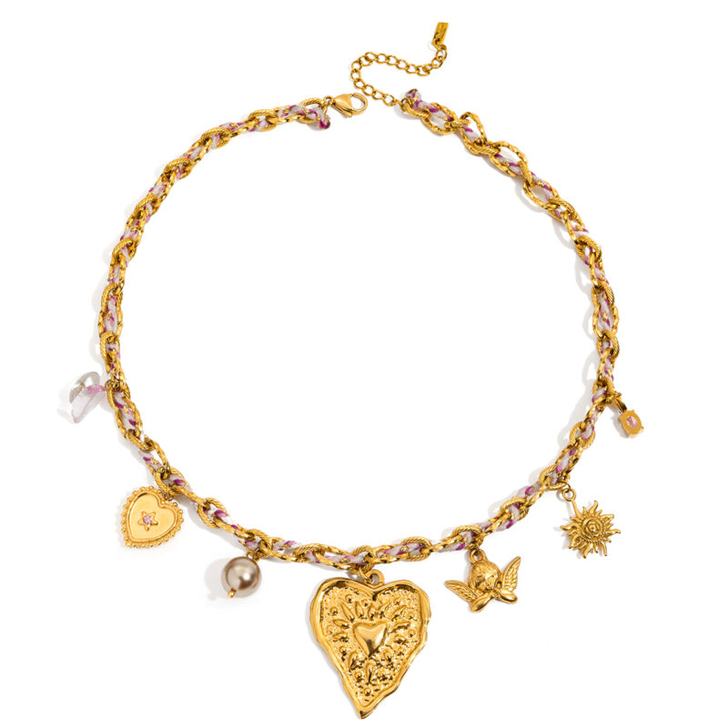 Pink Rope Necklace with Angel Star Pearl Charms