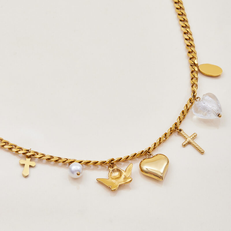 Angel Heart Cross Pearl Resin Pendant Necklace - Image 4