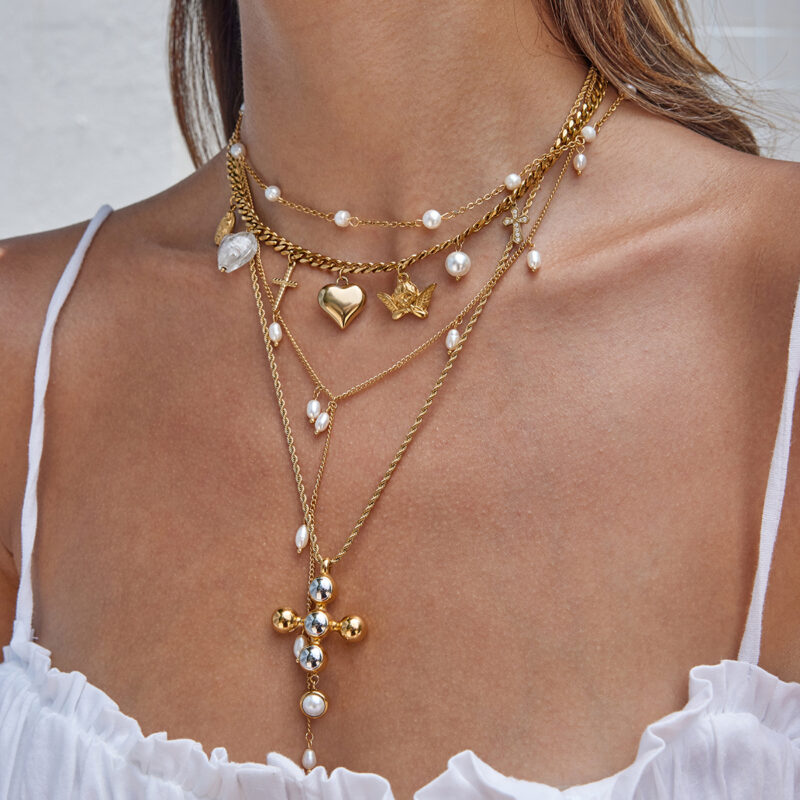 Angel Heart Cross Pearl Resin Pendant Necklace - Image 2