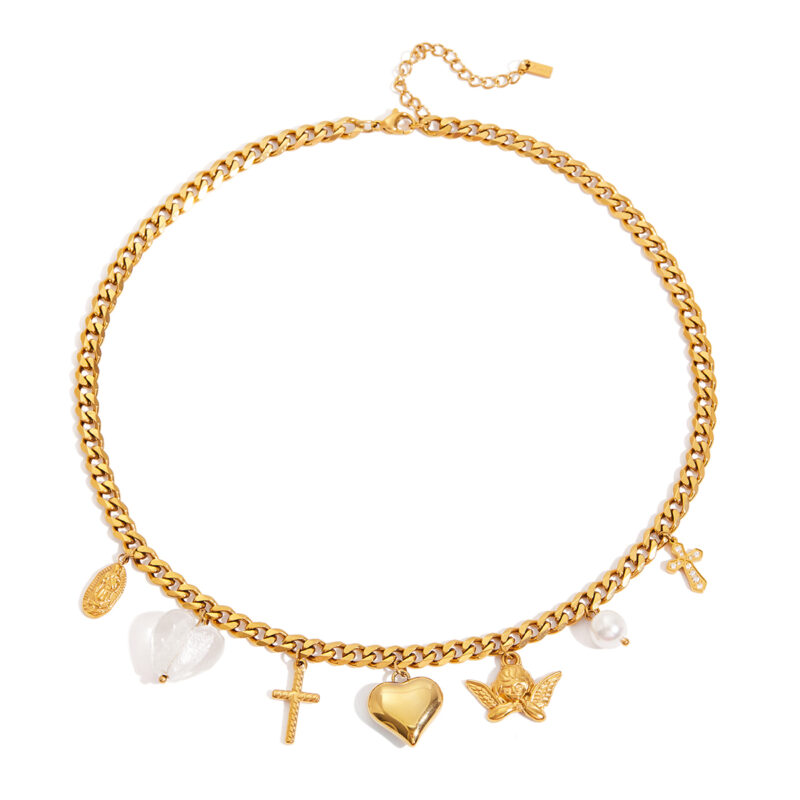 Angel Heart Cross Pearl Resin Pendant Necklace