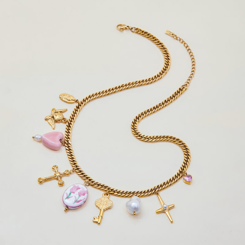 Pink Ceramic Angel Pearl Cross Pendant Necklace - Image 2