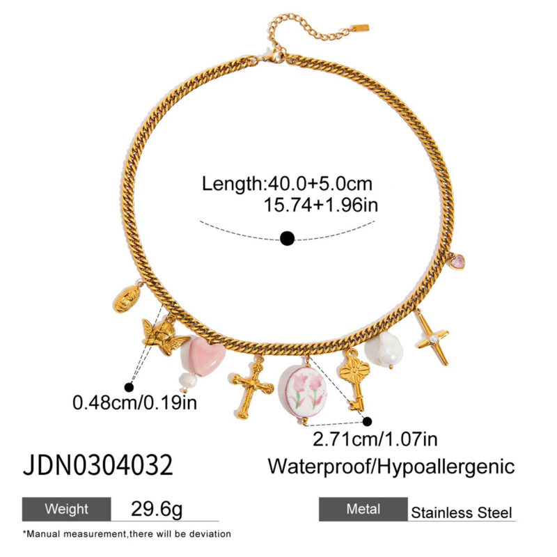 Pink Ceramic Angel Pearl Cross Pendant Necklace - Image 4