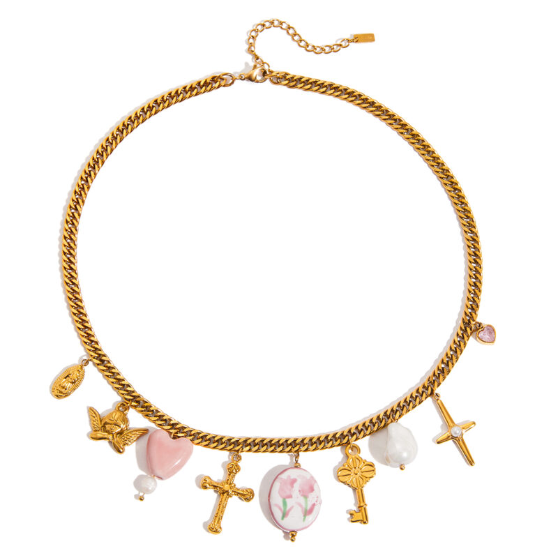 Pink Ceramic Angel Pearl Cross Pendant Necklace