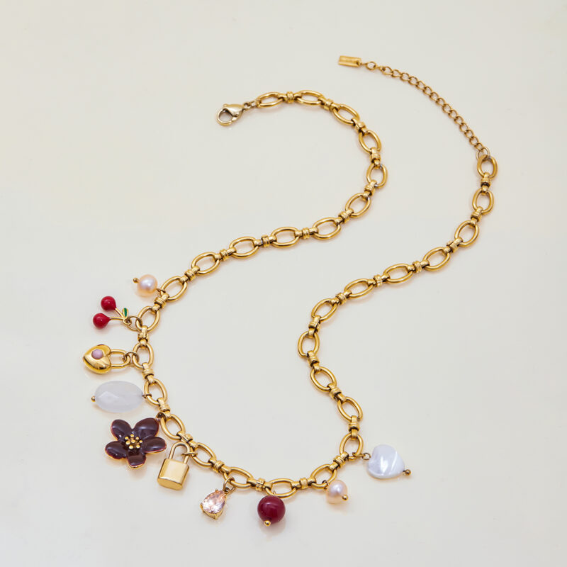 Mixed Gem Heart Lock Charm Pearl Necklace - Image 5
