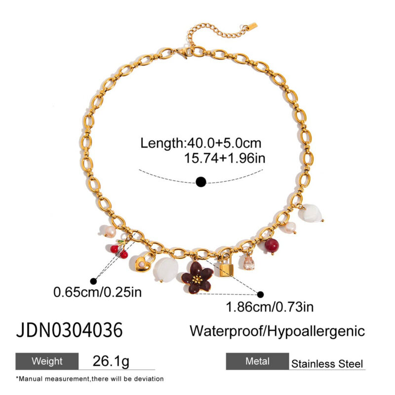 Mixed Gem Heart Lock Charm Pearl Necklace - Image 6