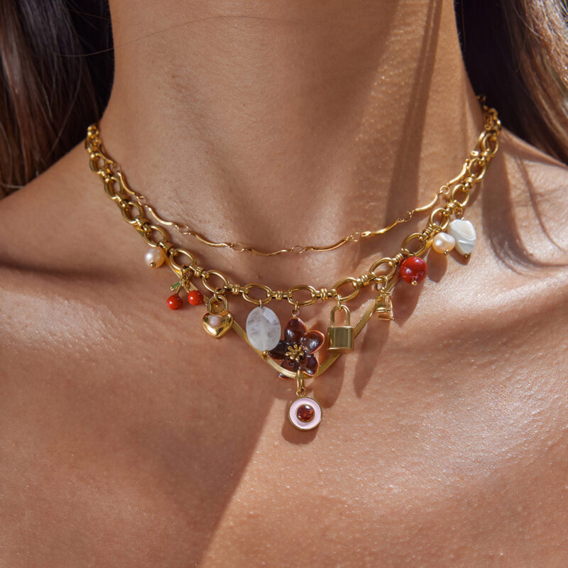 Mixed Gem Heart Lock Charm Pearl Necklace - Image 3