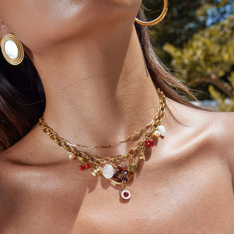 Mixed Gem Heart Lock Charm Pearl Necklace - Image 4