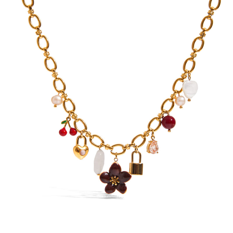 Mixed Gem Heart Lock Charm Pearl Necklace - Image 2