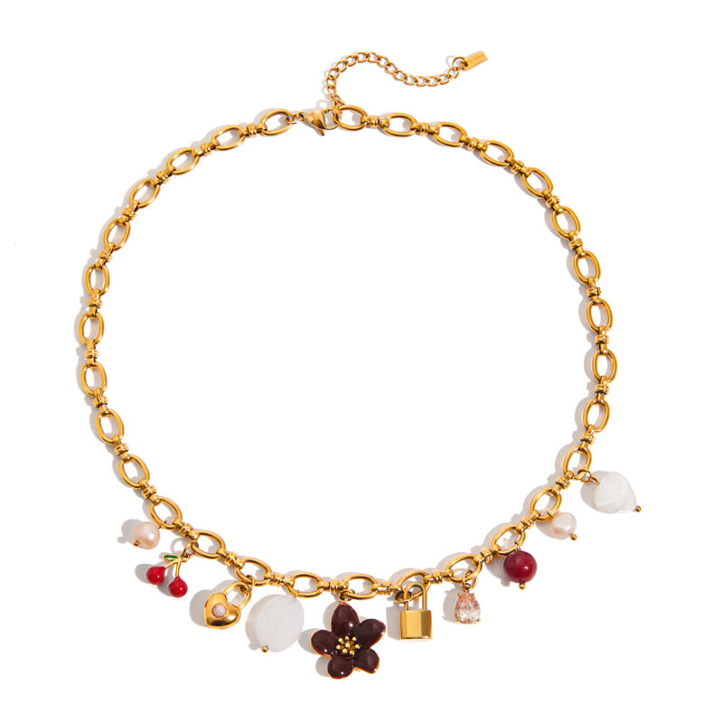 Mixed Gem Heart Lock Charm Pearl Necklace