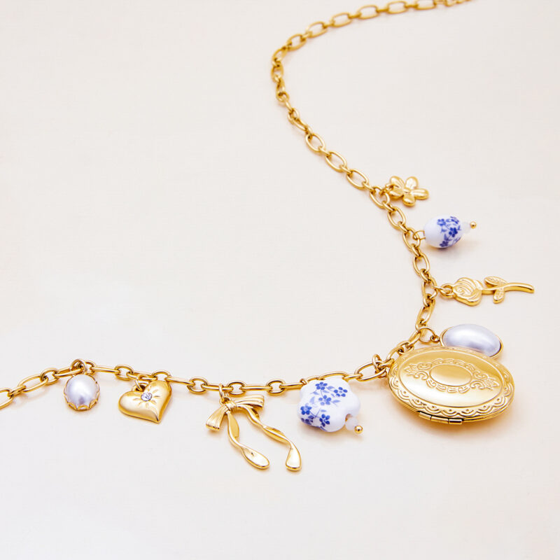 Ceramic Pearl Heart Bow Pendant Necklace - Image 3