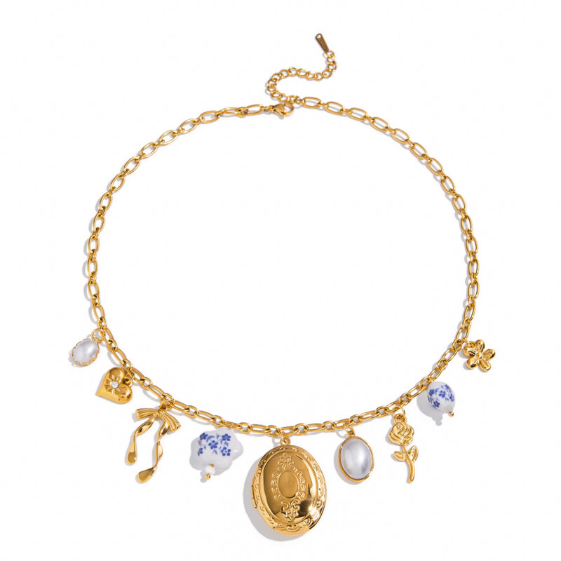 Ceramic Pearl Heart Bow Pendant Necklace