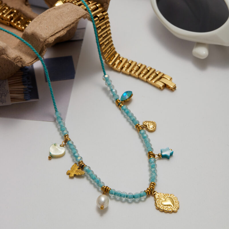 Blue Shell Pearl Crystal Heart Necklace - Image 4