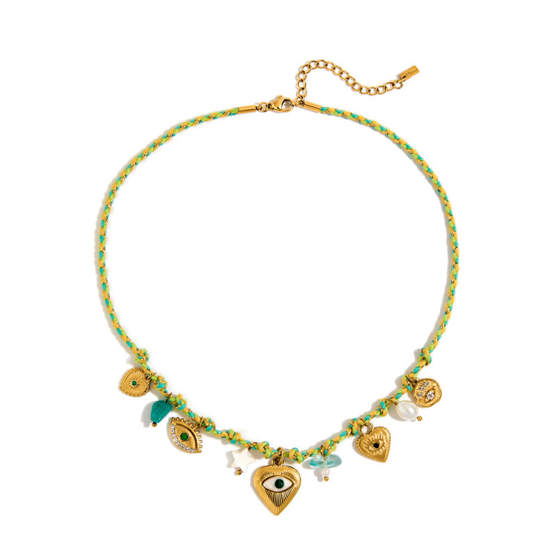 Green Evil Eye Pearl Charm Rope Necklace
