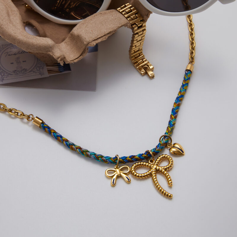 Navy Bow and Heart Rope Necklace - Image 4
